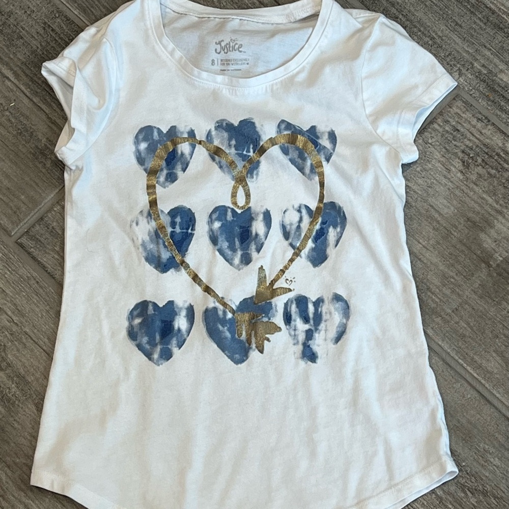 Justice Girls Graphic White‎ Tee Blue Hearts Gold Short Sleeve Summer Size 8